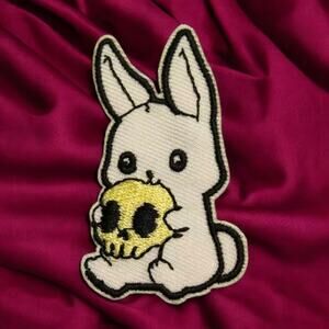 Iron On Patch White Bunny Skull Goth Cartoon Clothing Decal Embroidery
